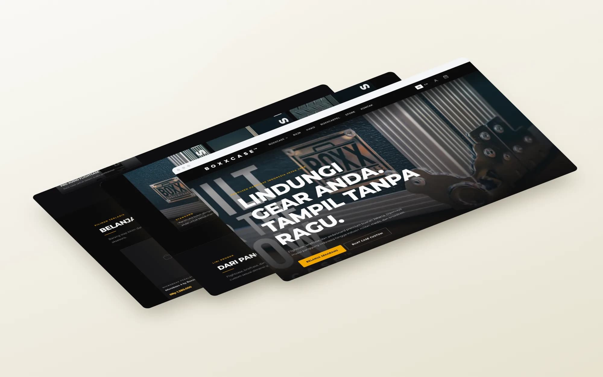 BOXXCASE, page sections shown as floating layers