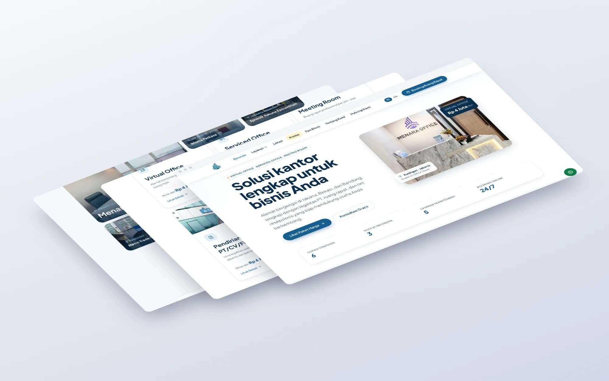 Menara Office, page sections shown as floating layers